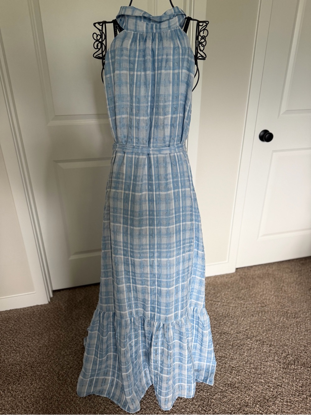 Anthropologie Light Blue Plaid Sleeveless Button-Front Maxi Dress - Picture 4 of 5